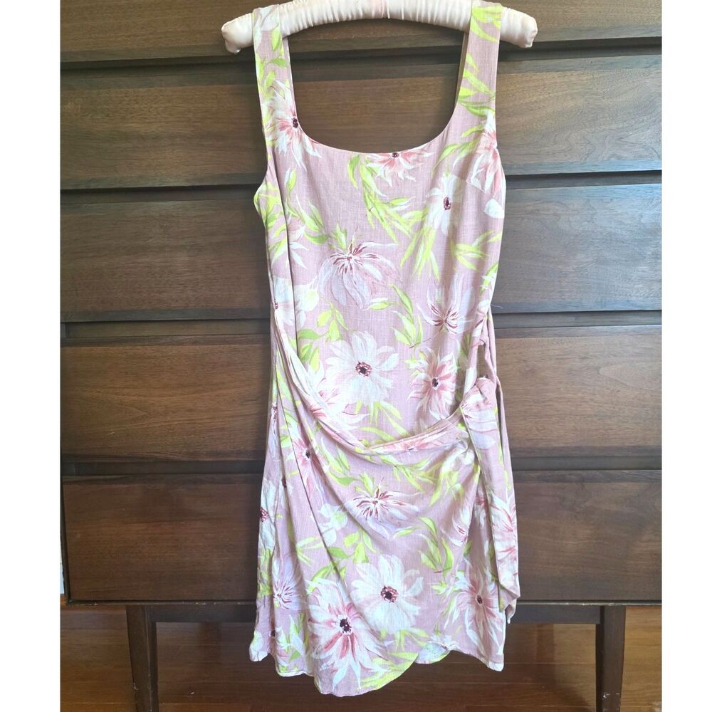 Express Dress Floral Linen Blend Pink Green Mini Wrap Y2K Garden Summer Sz. M